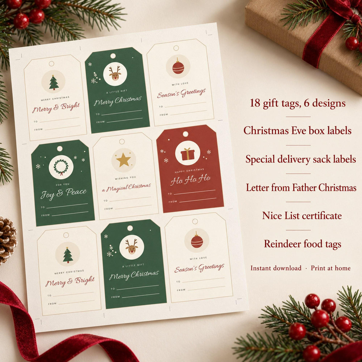Christmas Gift Tags Printable, Christmas Eve Box Label, Letter from Father Christmas, Nice List Certificate, Reindeer Food, A4 Letter