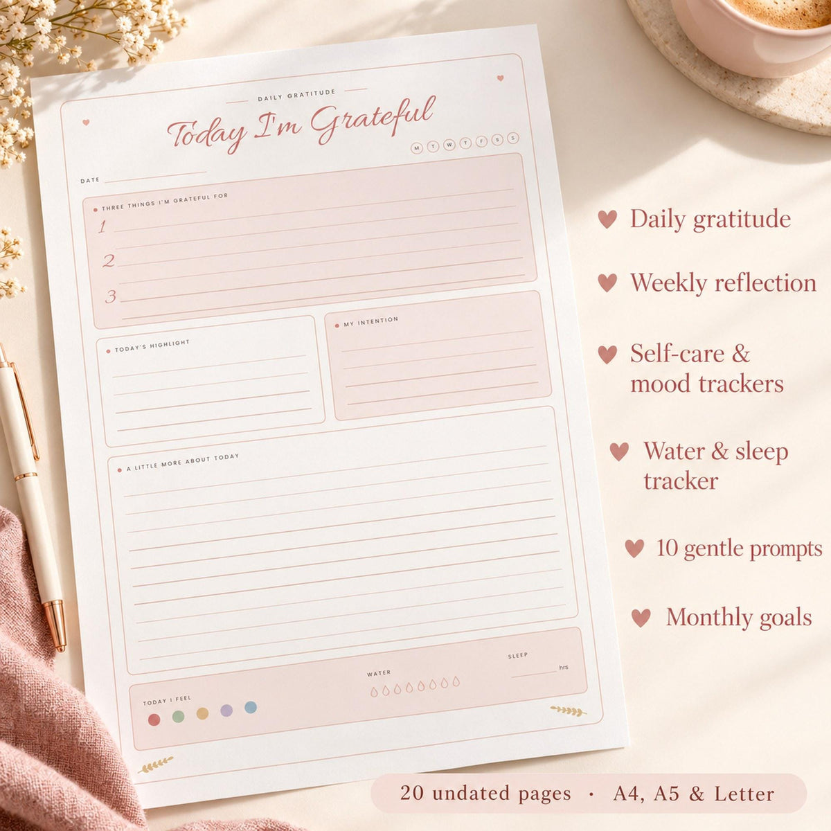 Mum Wellness Journal Printable, Gratitude Journal for Mums, Self Care Tracker, Mood Tracker, Mindful Mum, Undated, A4 A5 Letter