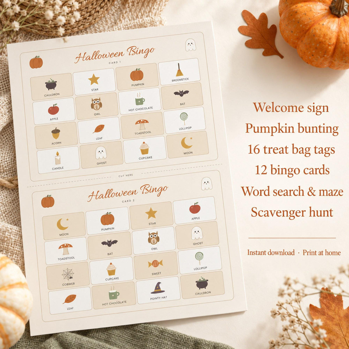 Halloween Kids Party Printables, Cute Halloween Activity Pack, Bingo, Word Search, Maze, Bunting, Treat Bag Tags, Boho Pumpkin, A4 Letter