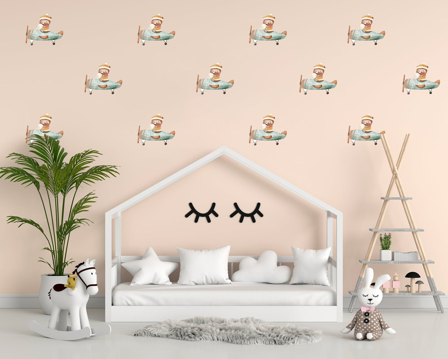Airplane Wall Sticker Cute Bear Decor Playroom Wall Sticker Nursery Wall Decal
