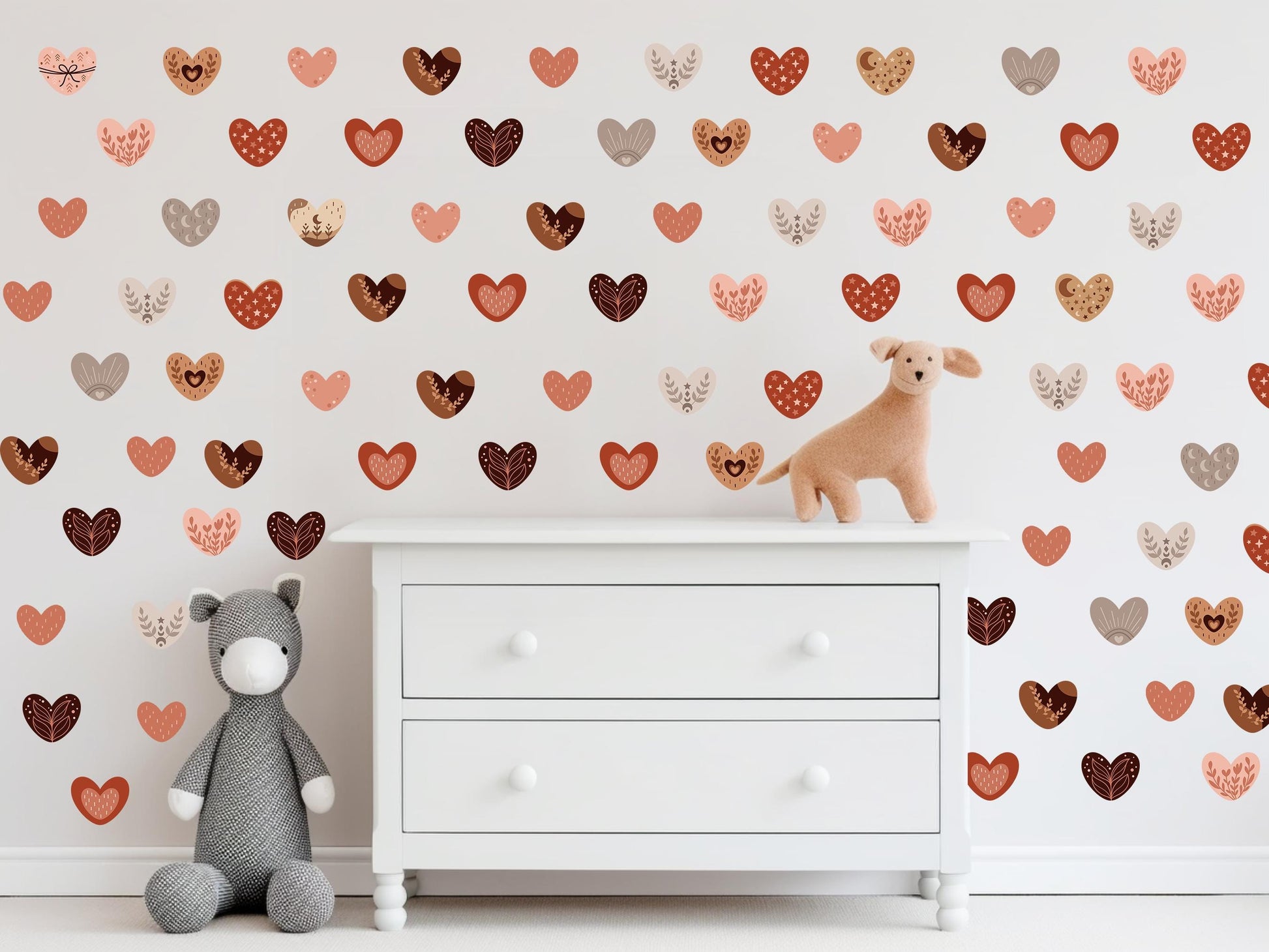 Boho Heart Wall Decals Set, Neutral Tones + Unique Patterns, Removable Nursery & Kids Room Decor