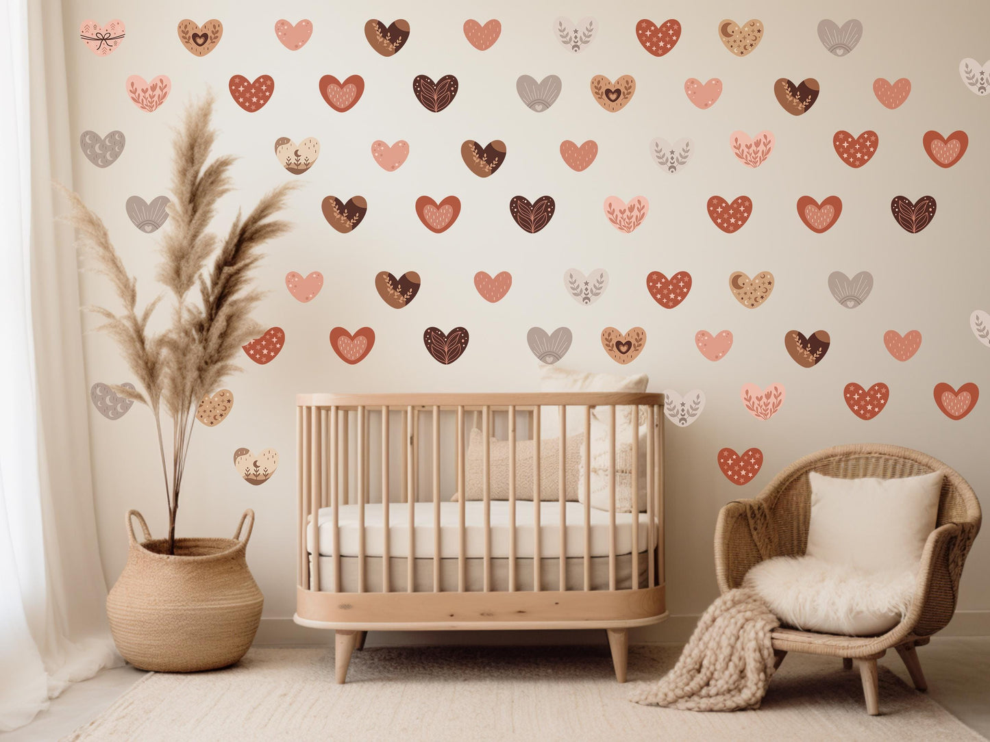 Boho Heart Wall Decals Set, Neutral Tones + Unique Patterns, Removable Nursery & Kids Room Decor