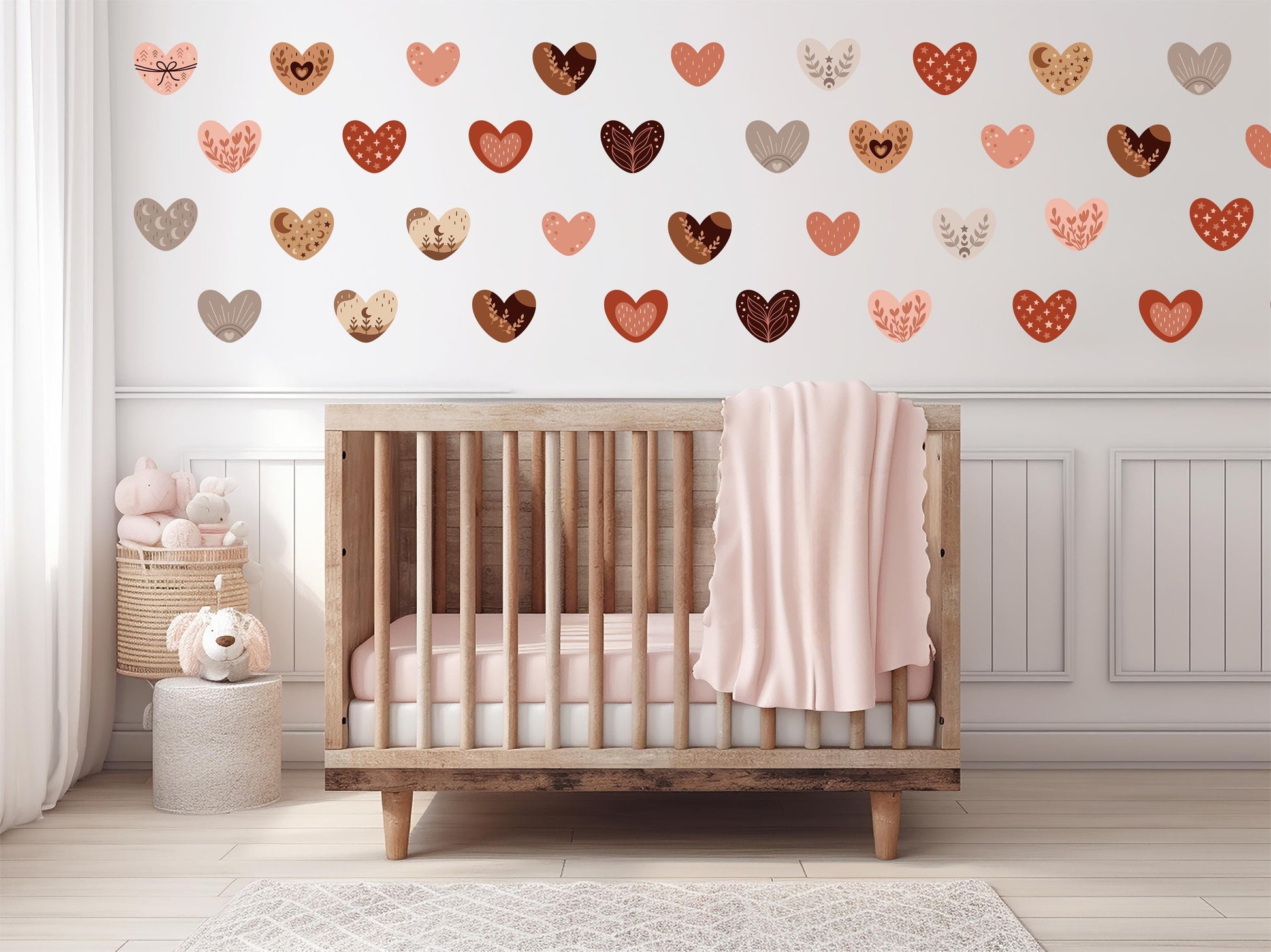 Boho Heart Wall Decals Set, Neutral Tones + Unique Patterns, Removable Nursery & Kids Room Decor