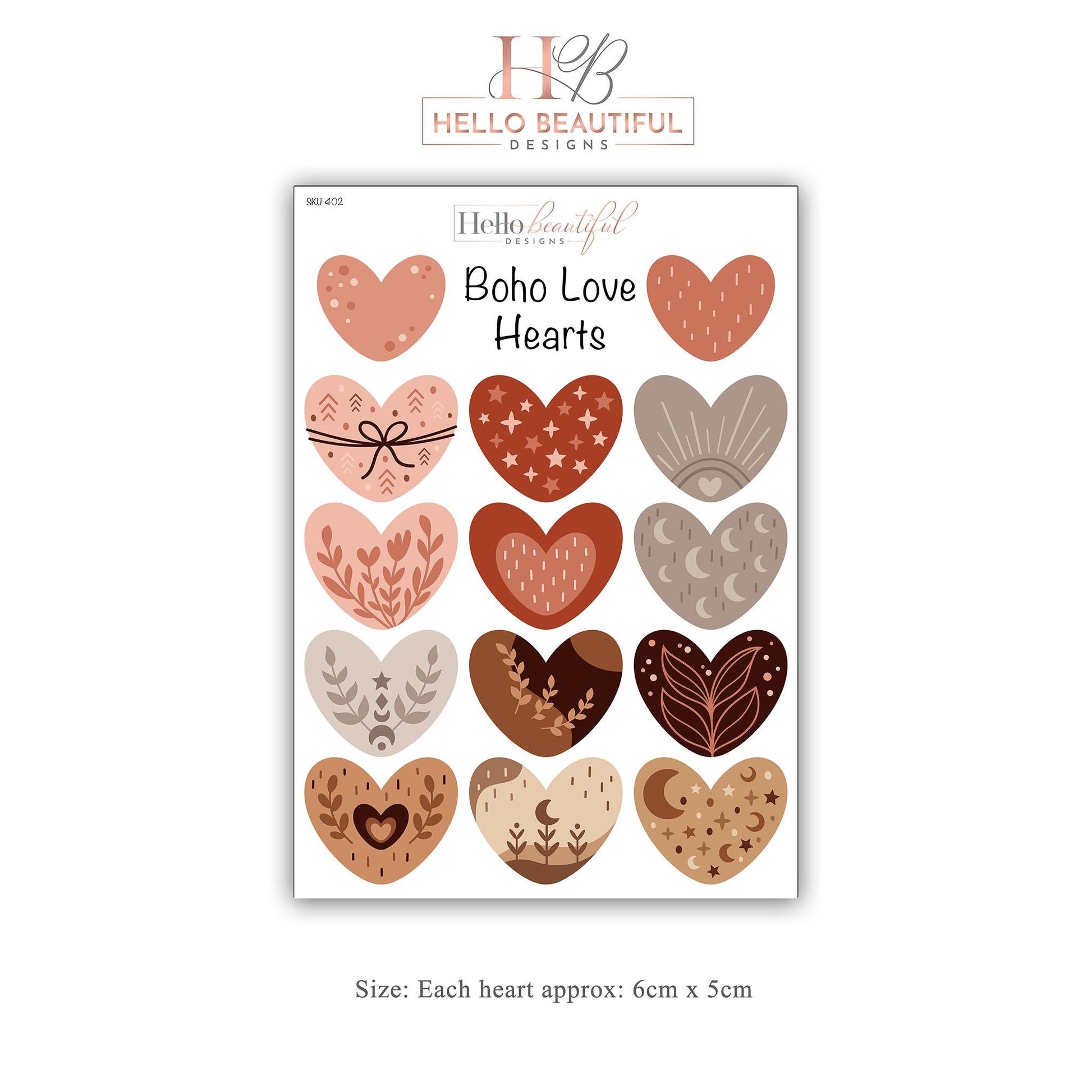 Boho Heart Wall Decals Set, Neutral Tones + Unique Patterns, Removable Nursery & Kids Room Decor