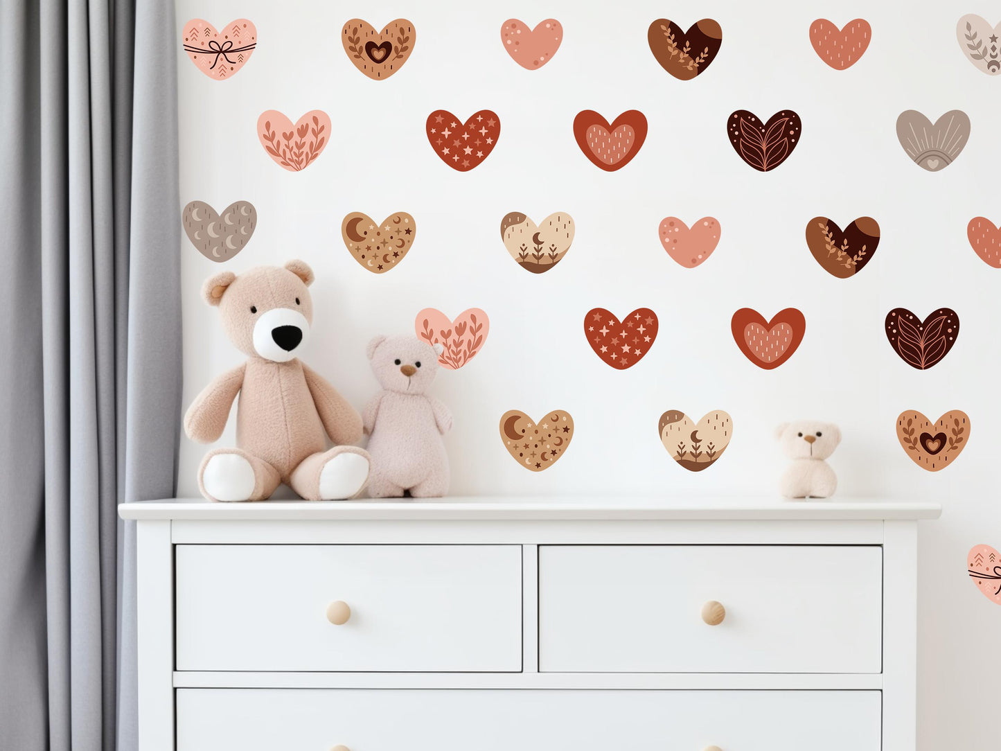 Boho Heart Wall Decals Set, Neutral Tones + Unique Patterns, Removable Nursery & Kids Room Decor