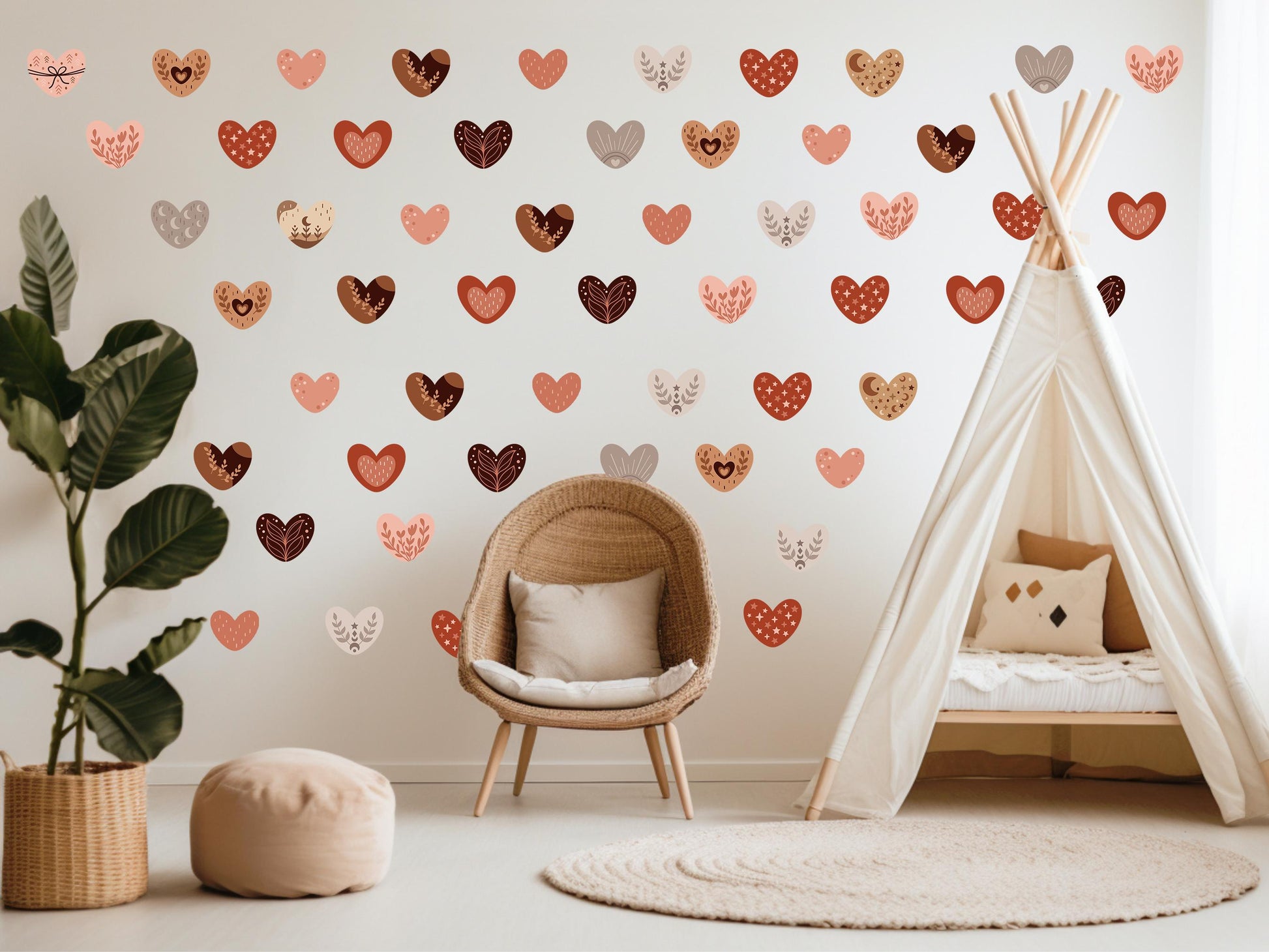 Boho Heart Wall Decals Set, Neutral Tones + Unique Patterns, Removable Nursery & Kids Room Decor