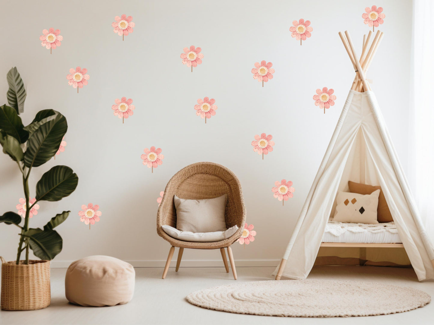 Boho Flower Nursery Wall Stickers, Pink Floral Decals, Girls Room Decor (A4 Sample)
