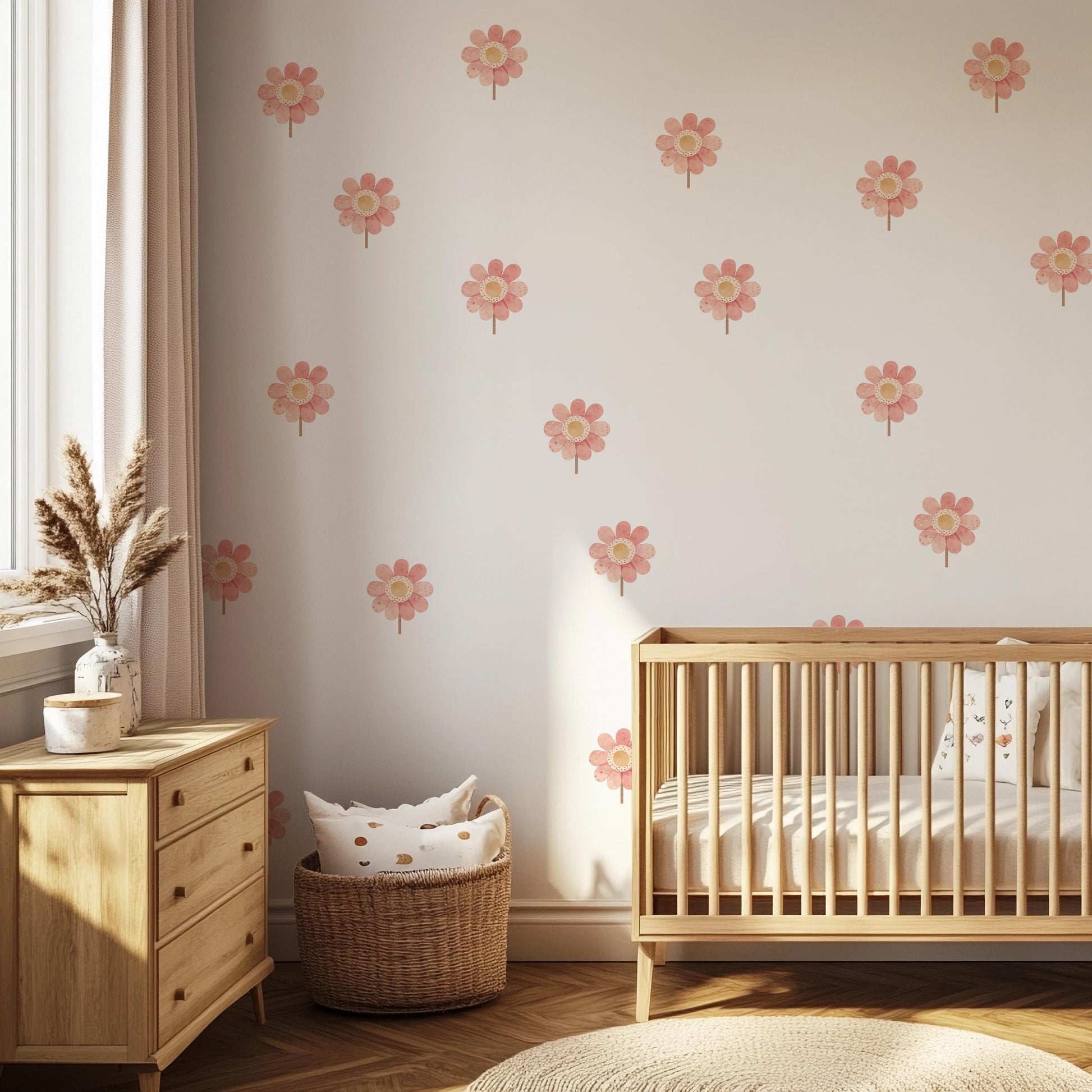 Boho Flower Nursery Wall Stickers, Pink Floral Decals, Girls Room Decor (A4 Sample)