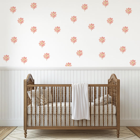 Boho Flower Nursery Wall Stickers, Pink Floral Decals, Girls Room Decor (A4 Sample)