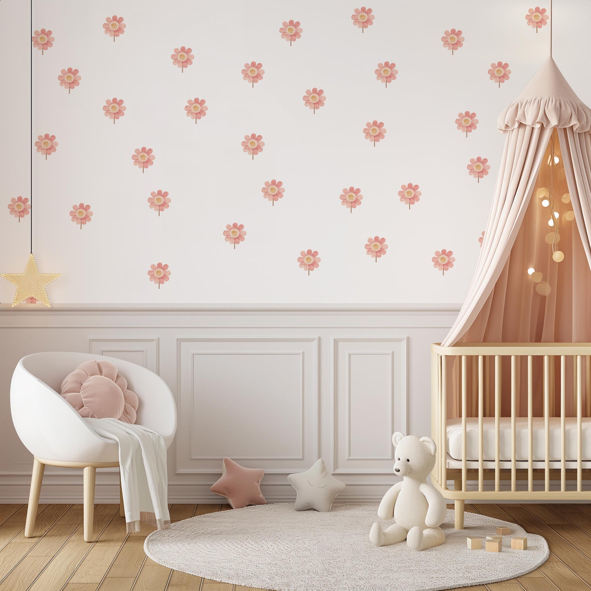 Boho Flower Nursery Wall Stickers, Pink Floral Decals, Girls Room Decor (A4 Sample)