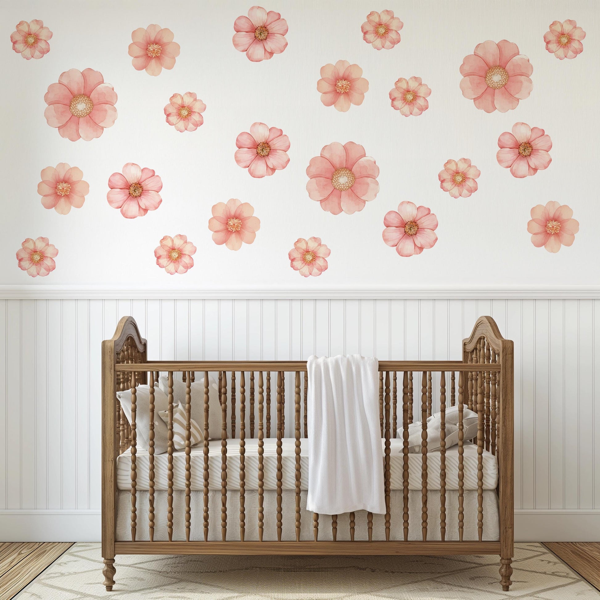 Pink Floral Wall Stickers, Watercolor Flower Decals, Girls Nursery Decor