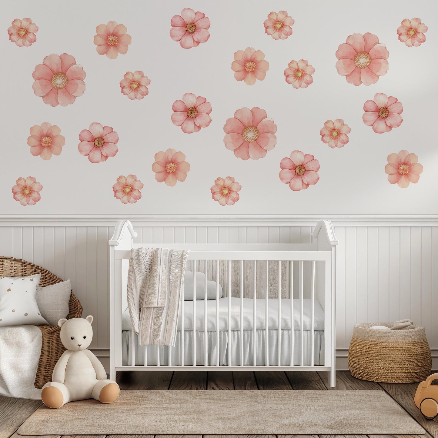 Pink Floral Wall Stickers, Watercolor Flower Decals, Girls Nursery Decor