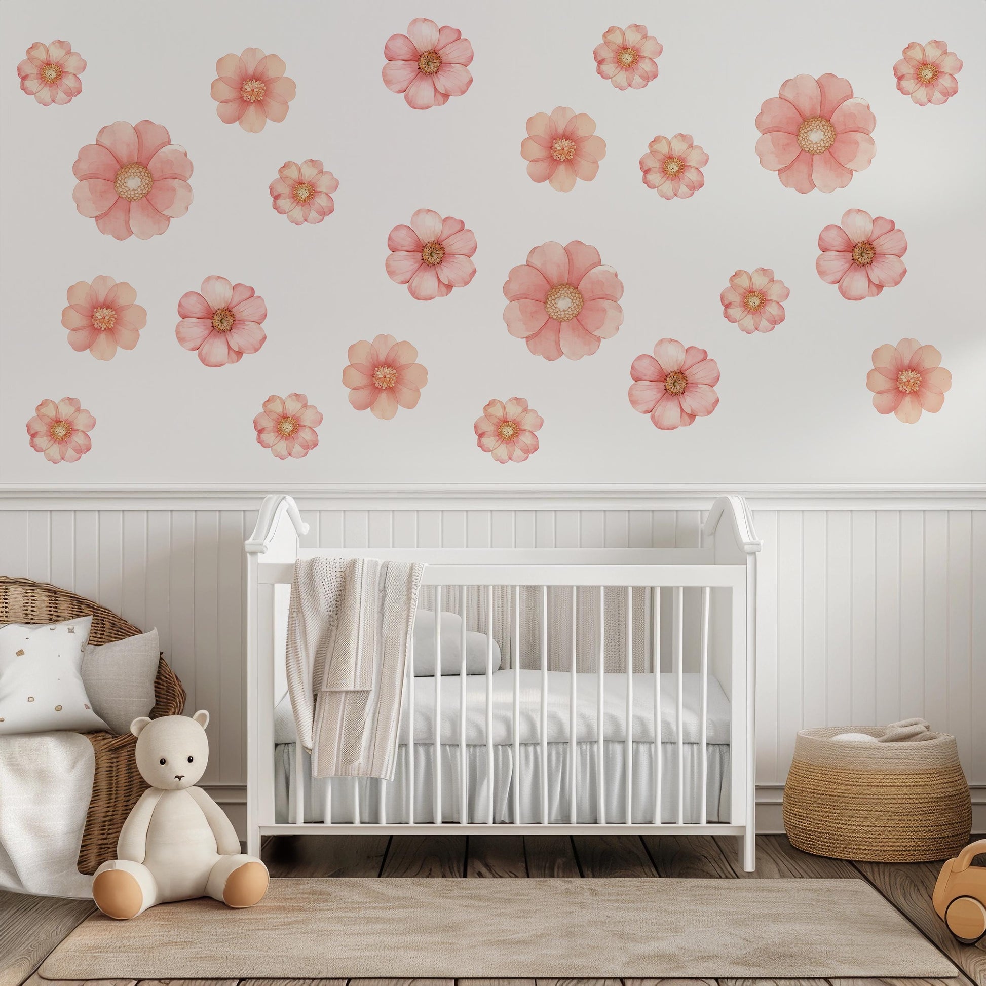 Pink Floral Wall Stickers, Watercolor Flower Decals, Girls Nursery Decor