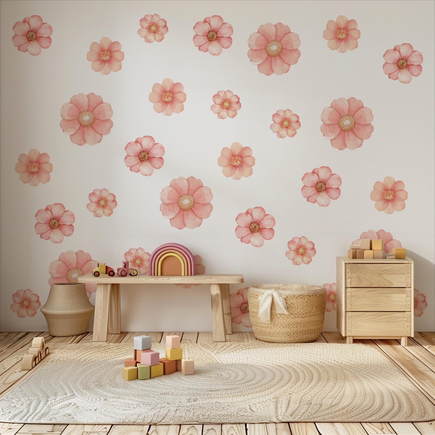 Pink Floral Wall Stickers, Watercolor Flower Decals, Girls Nursery Decor