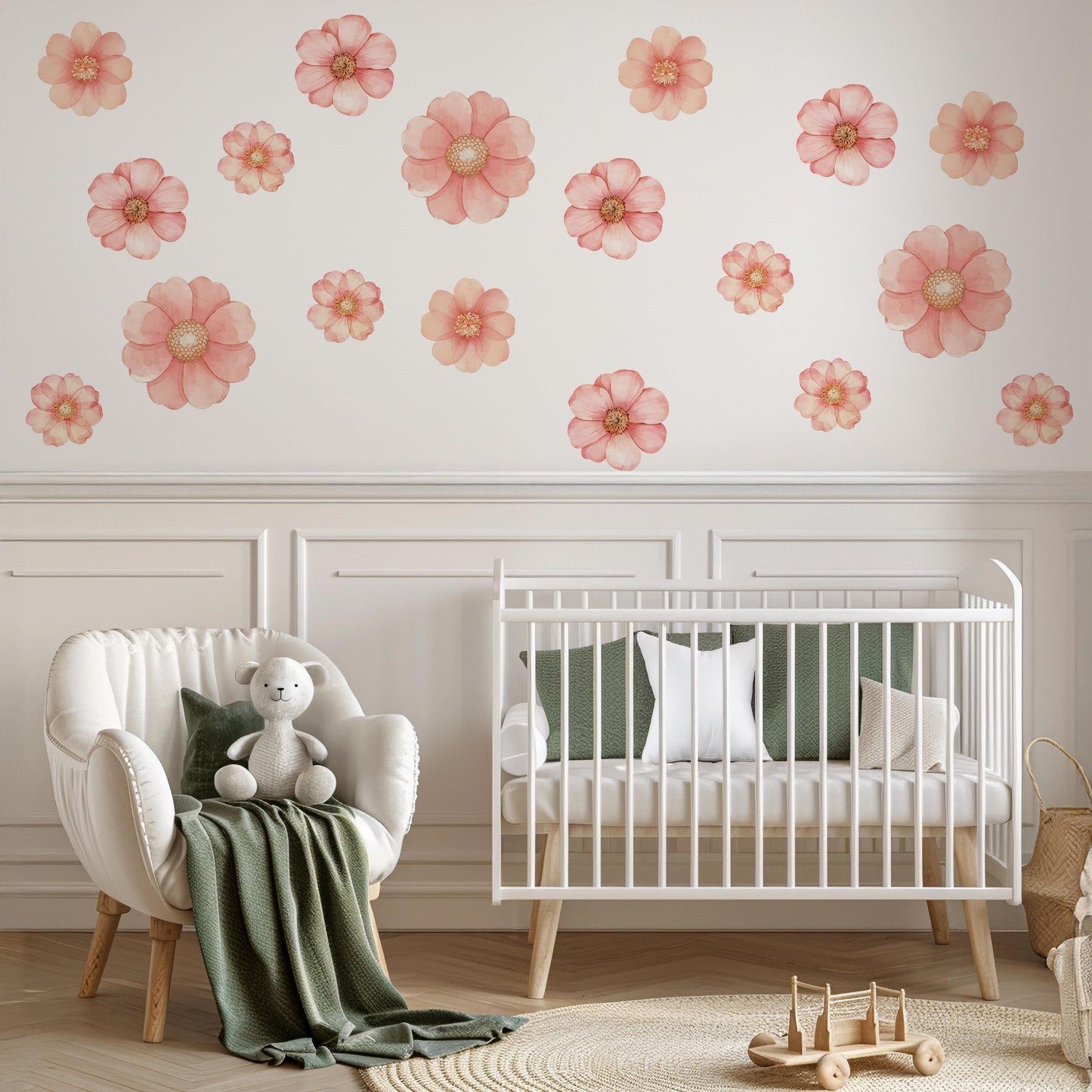 Pink Floral Wall Stickers, Watercolor Flower Decals, Girls Nursery Decor