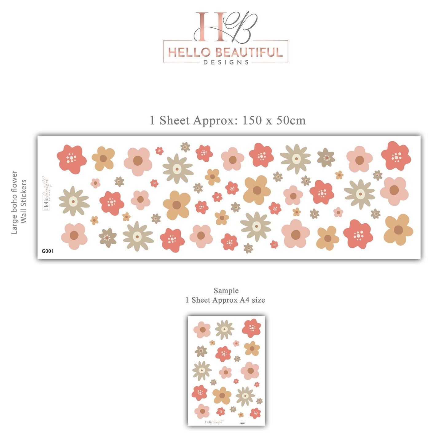 Boho Flower Wall Stickers Set, Nursery Wall Decals, Neutral Floral Wall Decor, Girls Bedroom Stickers, Peel and Stick Wall Art