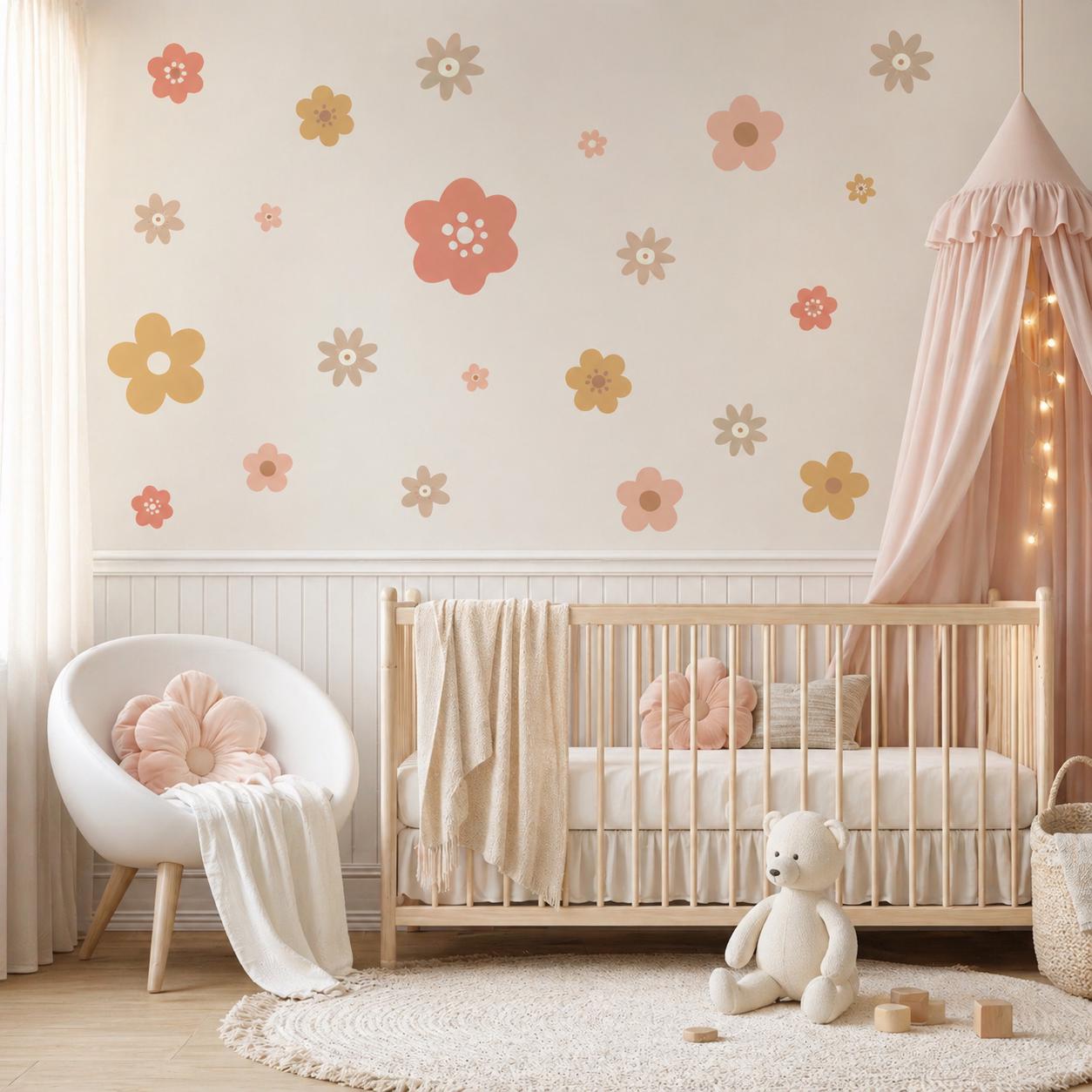 Boho Flower Wall Stickers Set, Nursery Wall Decals, Neutral Floral Wall Decor, Girls Bedroom Stickers, Peel and Stick Wall Art