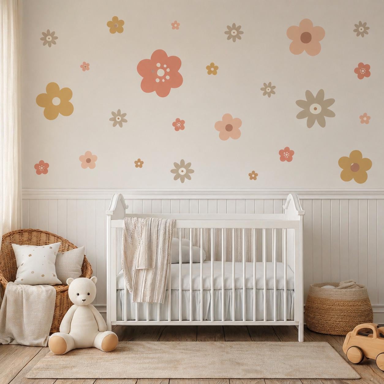 Boho Flower Wall Stickers Set, Nursery Wall Decals, Neutral Floral Wall Decor, Girls Bedroom Stickers, Peel and Stick Wall Art