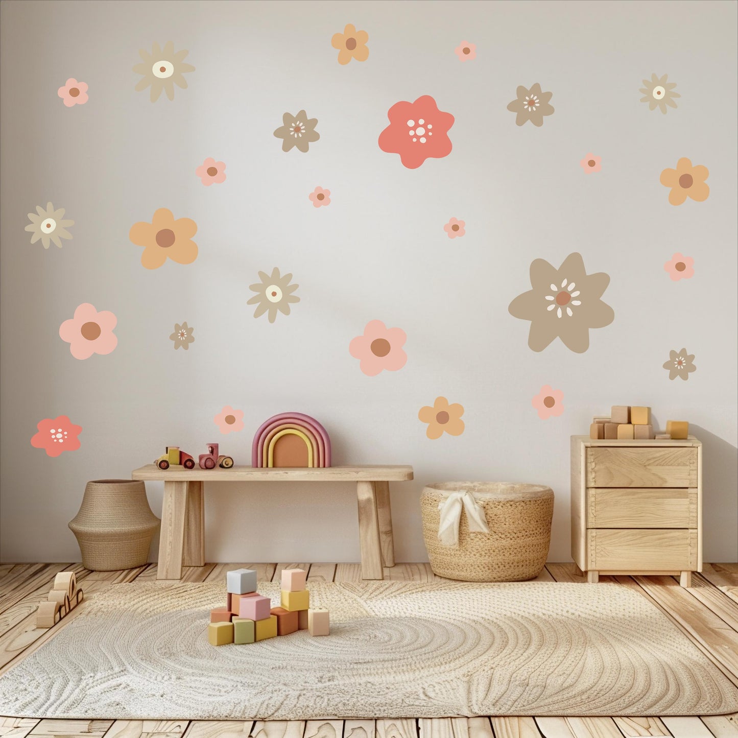 Boho Flower Wall Stickers Set, Nursery Wall Decals, Neutral Floral Wall Decor, Girls Bedroom Stickers, Peel and Stick Wall Art