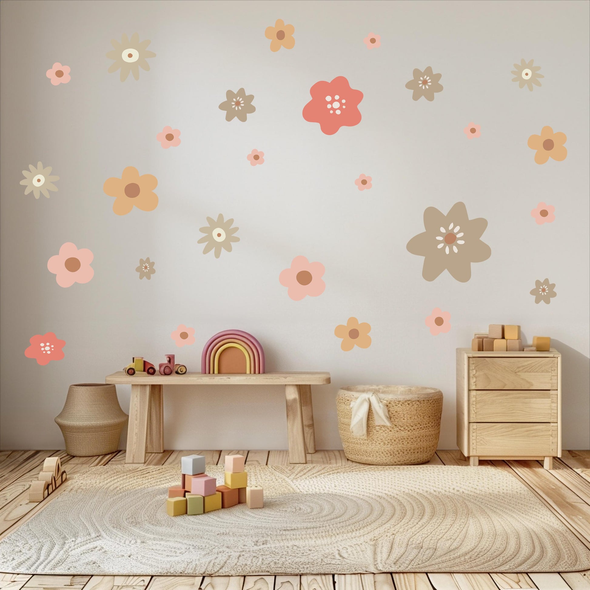 Boho Flower Wall Stickers Set, Nursery Wall Decals, Neutral Floral Wall Decor, Girls Bedroom Stickers, Peel and Stick Wall Art