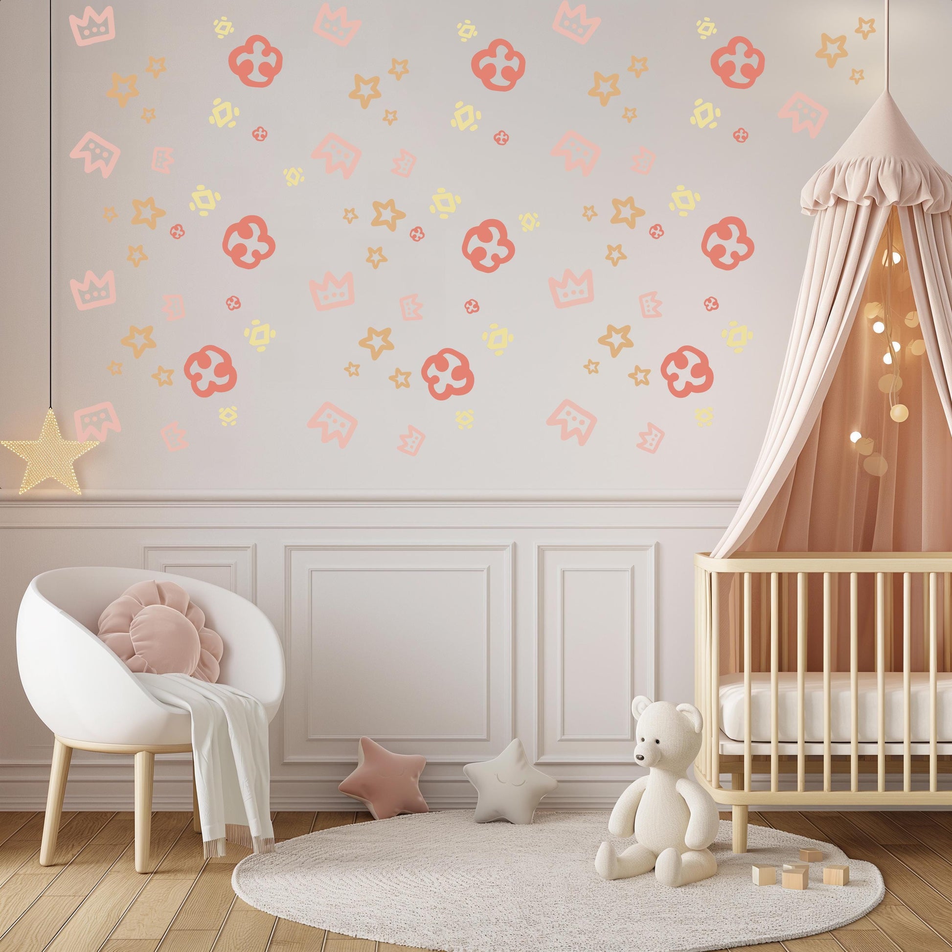 Boho Princess Wall Stickers, Crown & Star Nursery Decor, Girls Bedroom Wall Decals, Neutral Boho Nursery Stickers, Peel and Stick Wall Art
