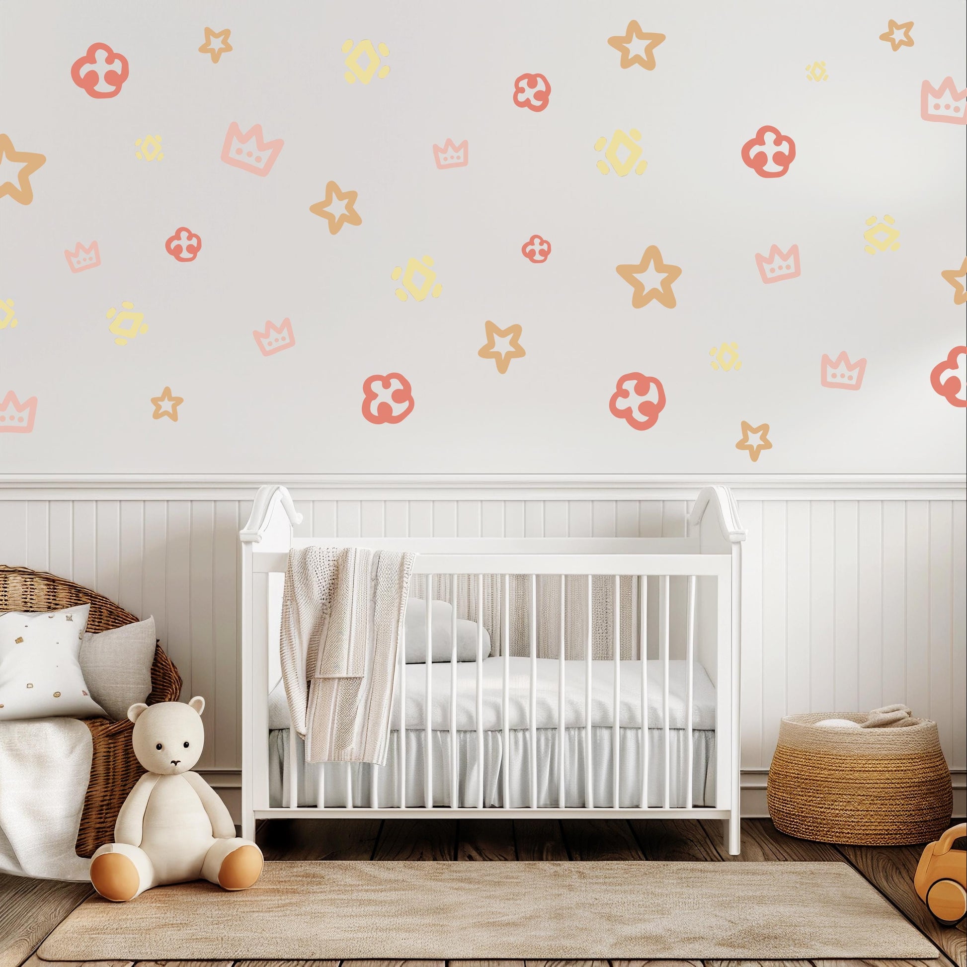 Boho Princess Wall Stickers, Crown & Star Nursery Decor, Girls Bedroom Wall Decals, Neutral Boho Nursery Stickers, Peel and Stick Wall Art