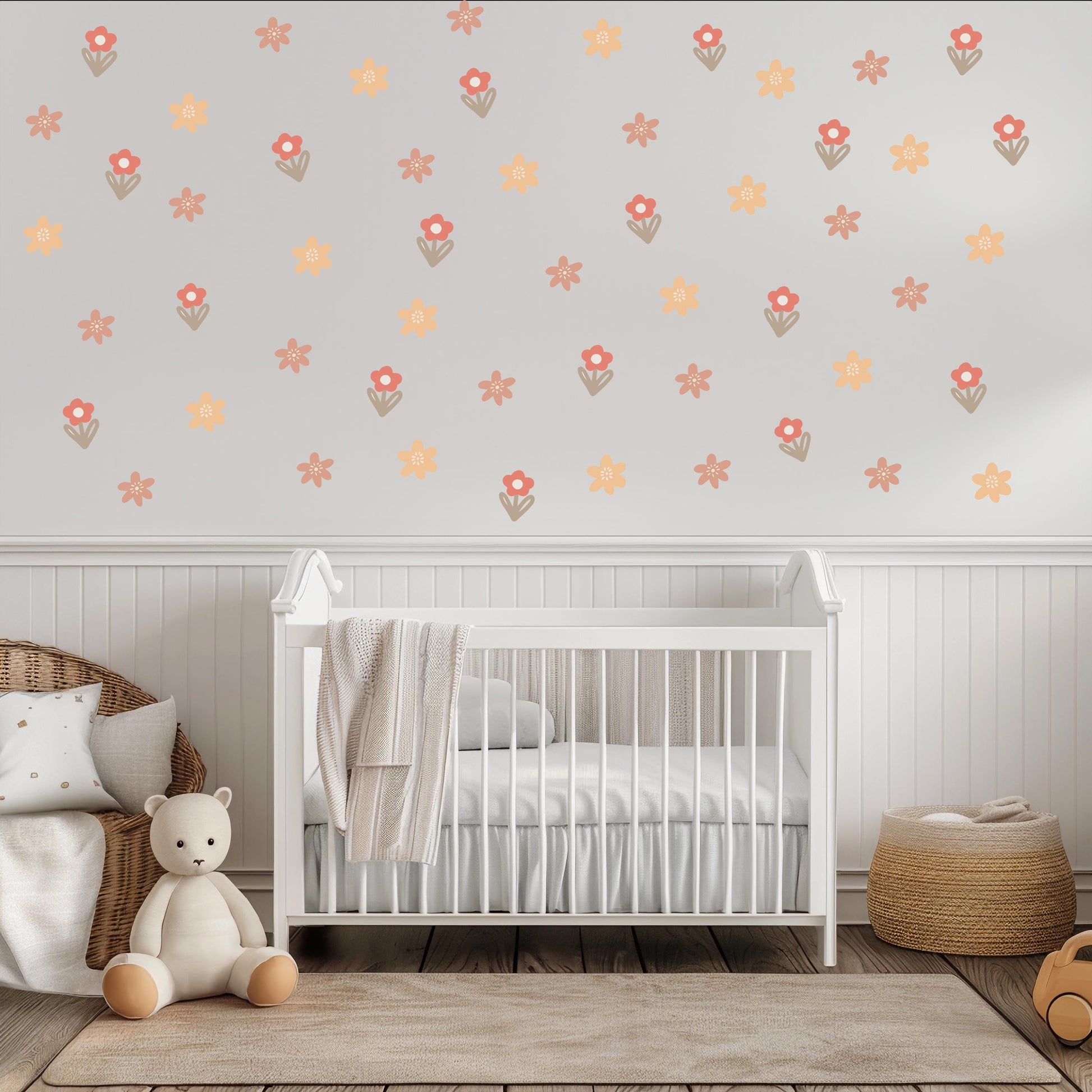 Boho Flower Wall Stickers, Neutral Nursery Decor, Daisy Floral Wall Decals, Kids Bedroom Wall Stickers, Boho Nursery Wall Art Peel & Stick