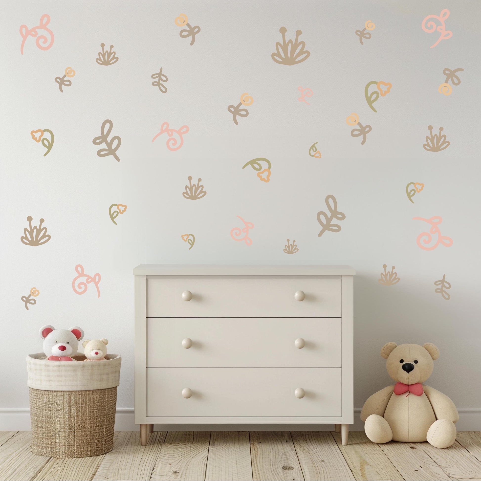 Boho Floral Wall Decals for Nursery, Neutral Flower Wall Stickers, Peel and Stick Girls Bedroom Decor, Kids Room Decals