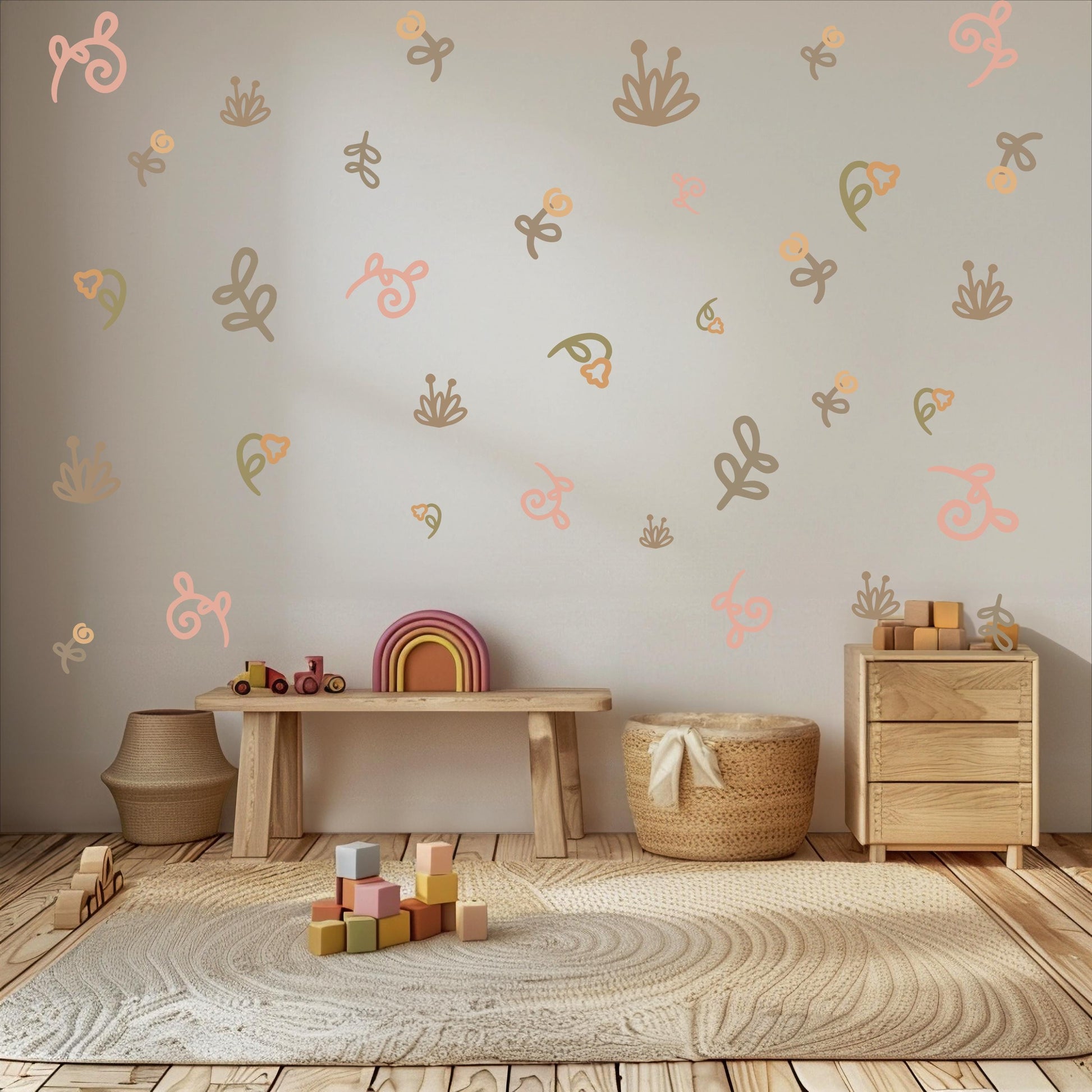 Boho Floral Wall Decals for Nursery, Neutral Flower Wall Stickers, Peel and Stick Girls Bedroom Decor, Kids Room Decals