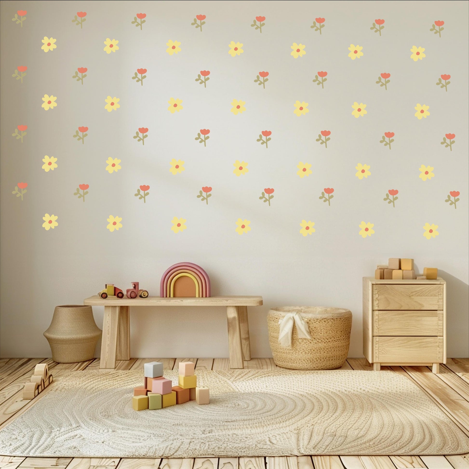 Yellow Flower Wall Decals for Nursery, Boho Floral Wall Stickers, Neutral Girls Bedroom Decor, Peel and Stick Nursery Decals