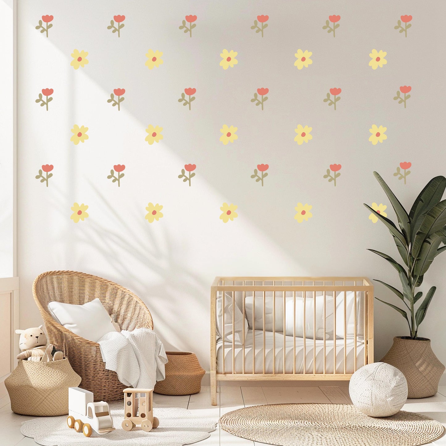Yellow Flower Wall Decals for Nursery, Boho Floral Wall Stickers, Neutral Girls Bedroom Decor, Peel and Stick Nursery Decals