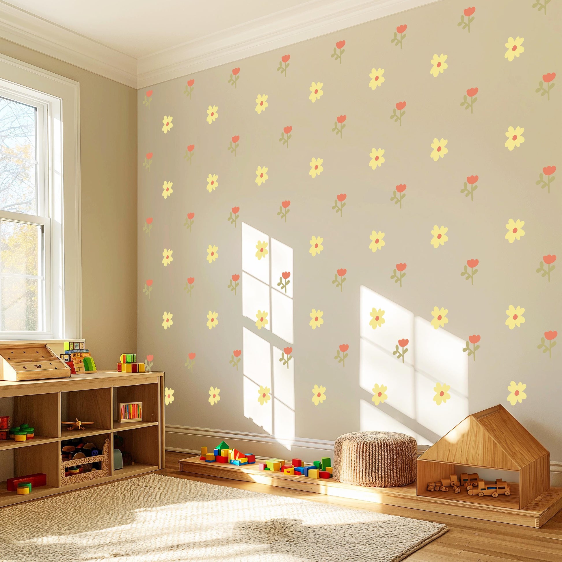 Yellow Flower Wall Decals for Nursery, Boho Floral Wall Stickers, Neutral Girls Bedroom Decor, Peel and Stick Nursery Decals