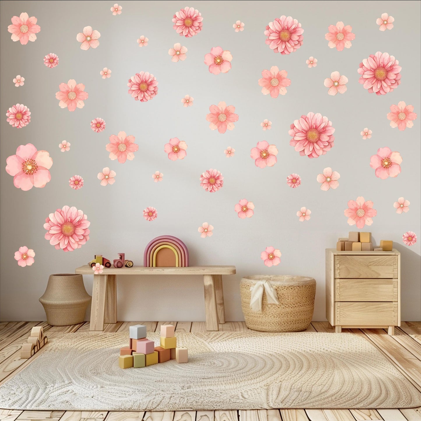 Pink Flower Wall Stickers, Floral Nursery Wall Decals, Boho Girls Bedroom Decor, Peel and Stick Flowers, Pink Nursery Decor