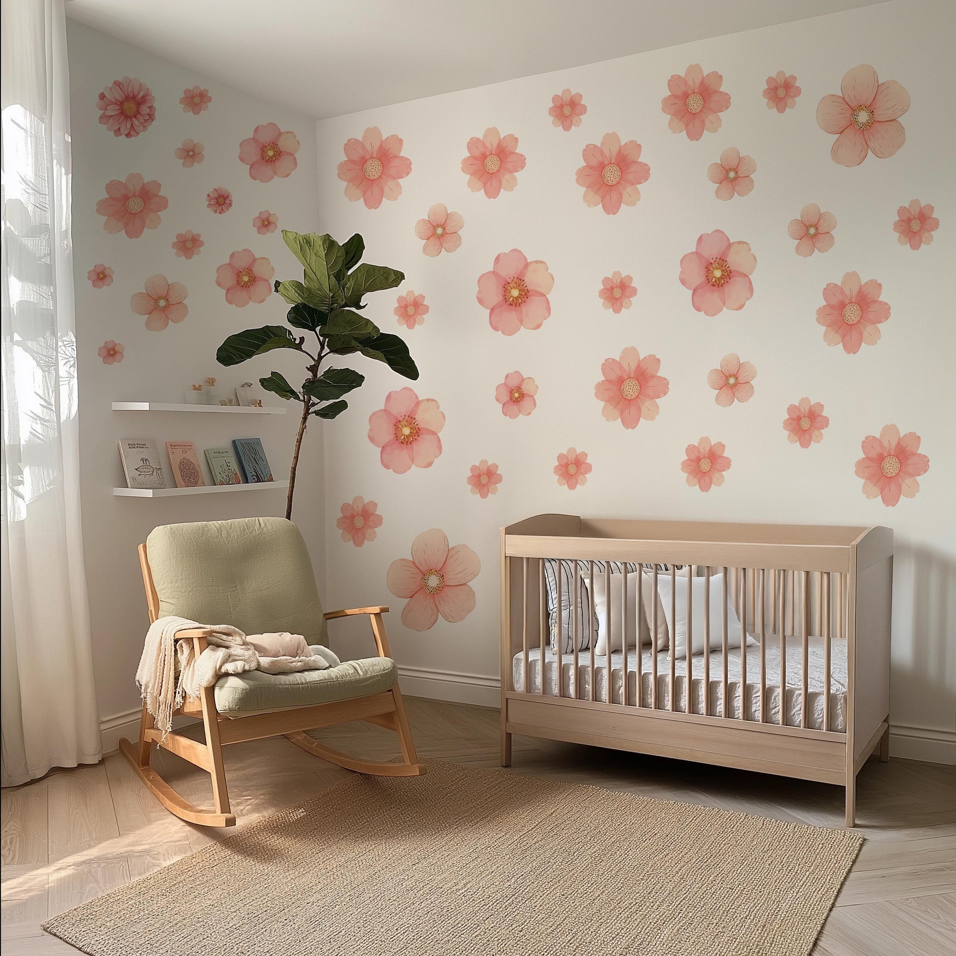 Pink Flower Wall Stickers, Floral Nursery Wall Decals, Boho Girls Bedroom Decor, Peel and Stick Flowers, Pink Nursery Decor