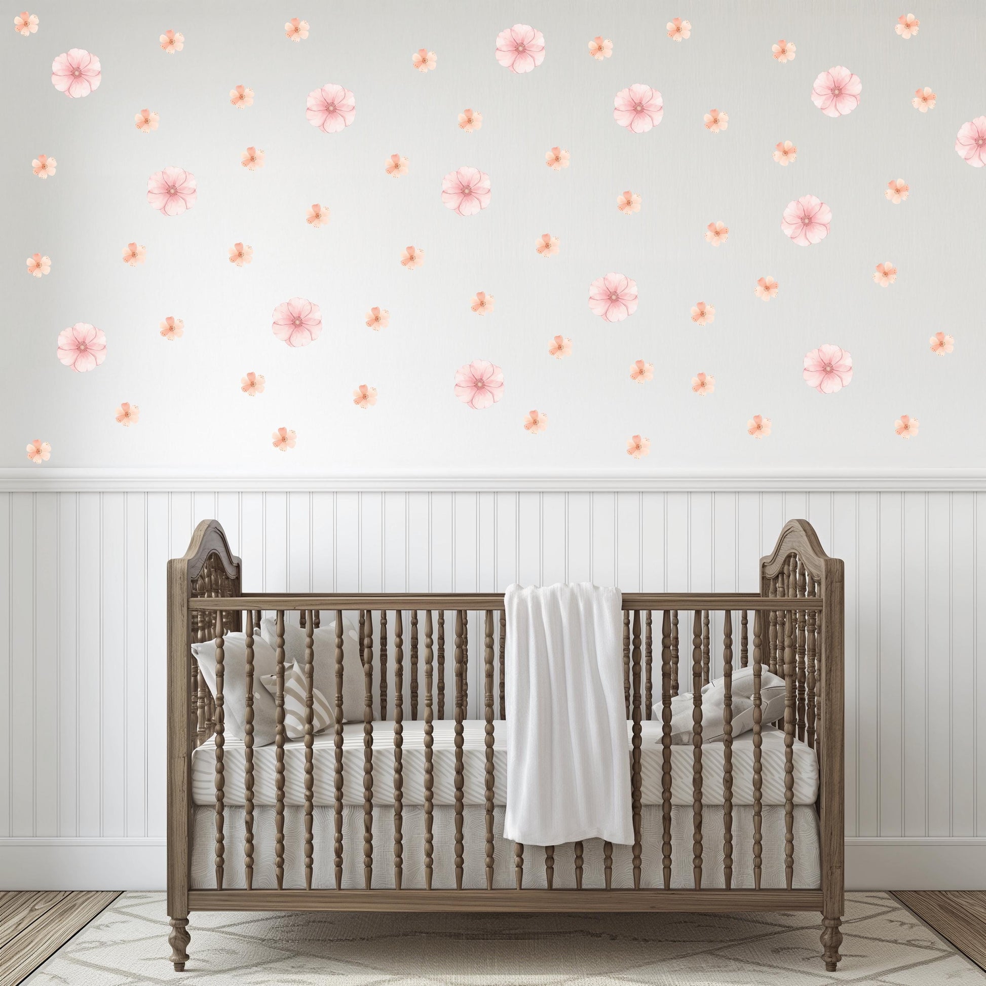 Pink Floral Wall Stickers, Boho Nursery Wall Decals, Peel and Stick Flowers, Girls Bedroom Decor, Soft Pink Nursery Decor
