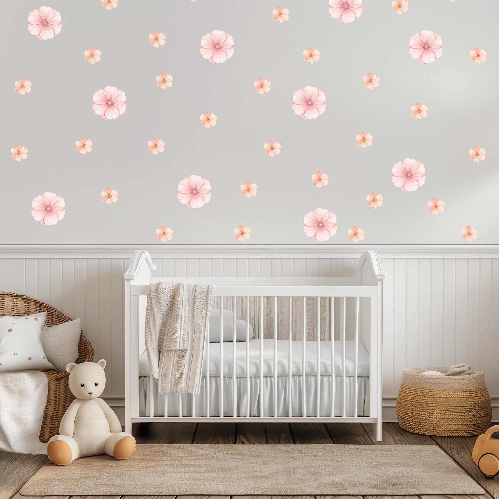 Pink Floral Wall Stickers, Boho Nursery Wall Decals, Peel and Stick Flowers, Girls Bedroom Decor, Soft Pink Nursery Decor