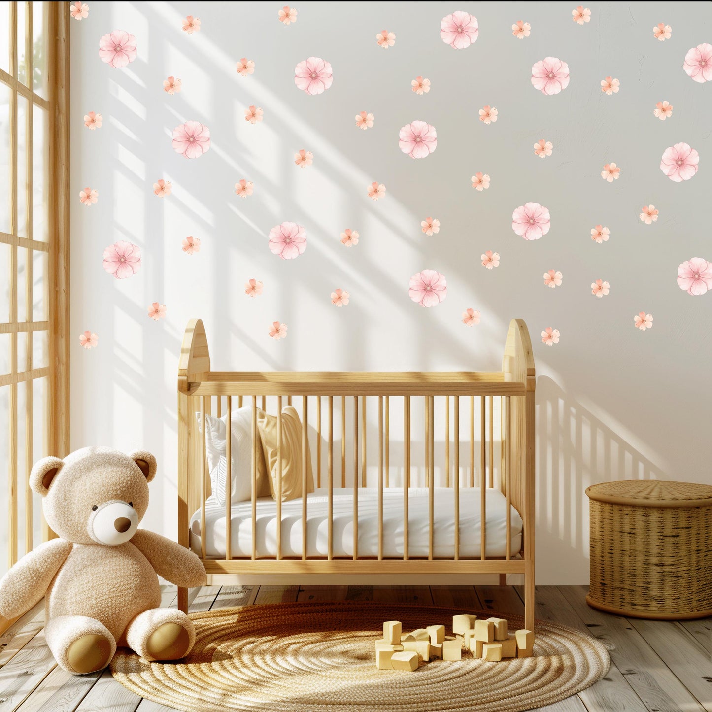 Pink Floral Wall Stickers, Boho Nursery Wall Decals, Peel and Stick Flowers, Girls Bedroom Decor, Soft Pink Nursery Decor