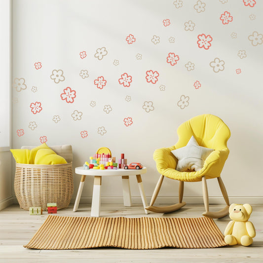 Pink Boho Flower Wall Stickers, Floral Nursery Wall Decals, Girls Bedroom Decor, Peel and Stick Flowers, Neutral Nursery Decor