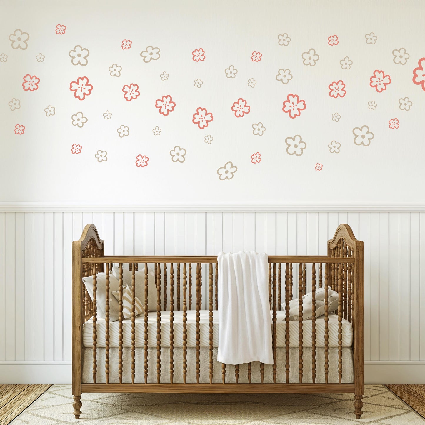 Pink Boho Flower Wall Stickers, Floral Nursery Wall Decals, Girls Bedroom Decor, Peel and Stick Flowers, Neutral Nursery Decor