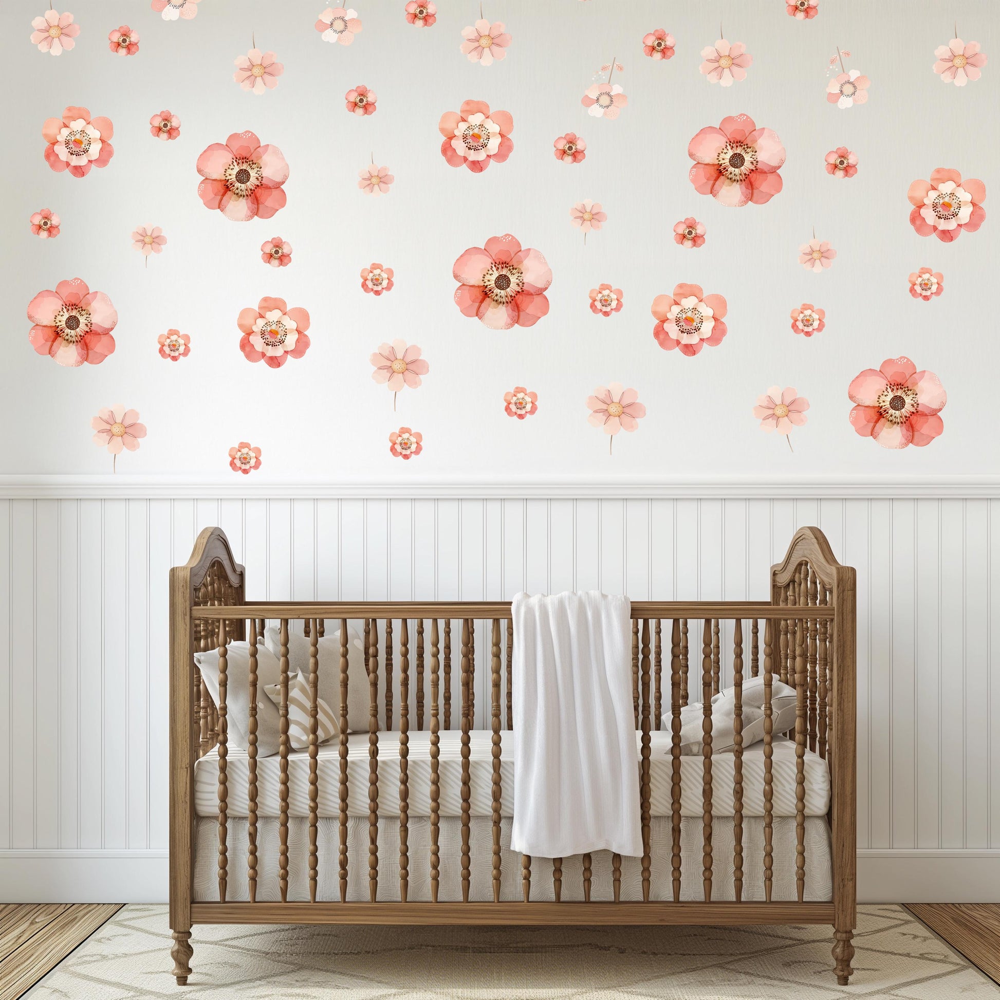 Pink Floral Wall Stickers, Boho Nursery Wall Decals, Girls Bedroom Decor, Flower Nursery Stickers, Peel and Stick Flowers