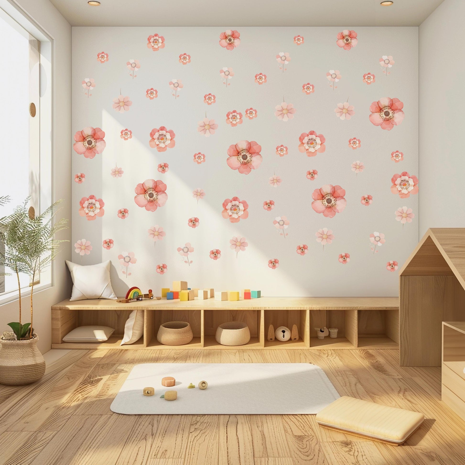 Pink Floral Wall Stickers, Boho Nursery Wall Decals, Girls Bedroom Decor, Flower Nursery Stickers, Peel and Stick Flowers