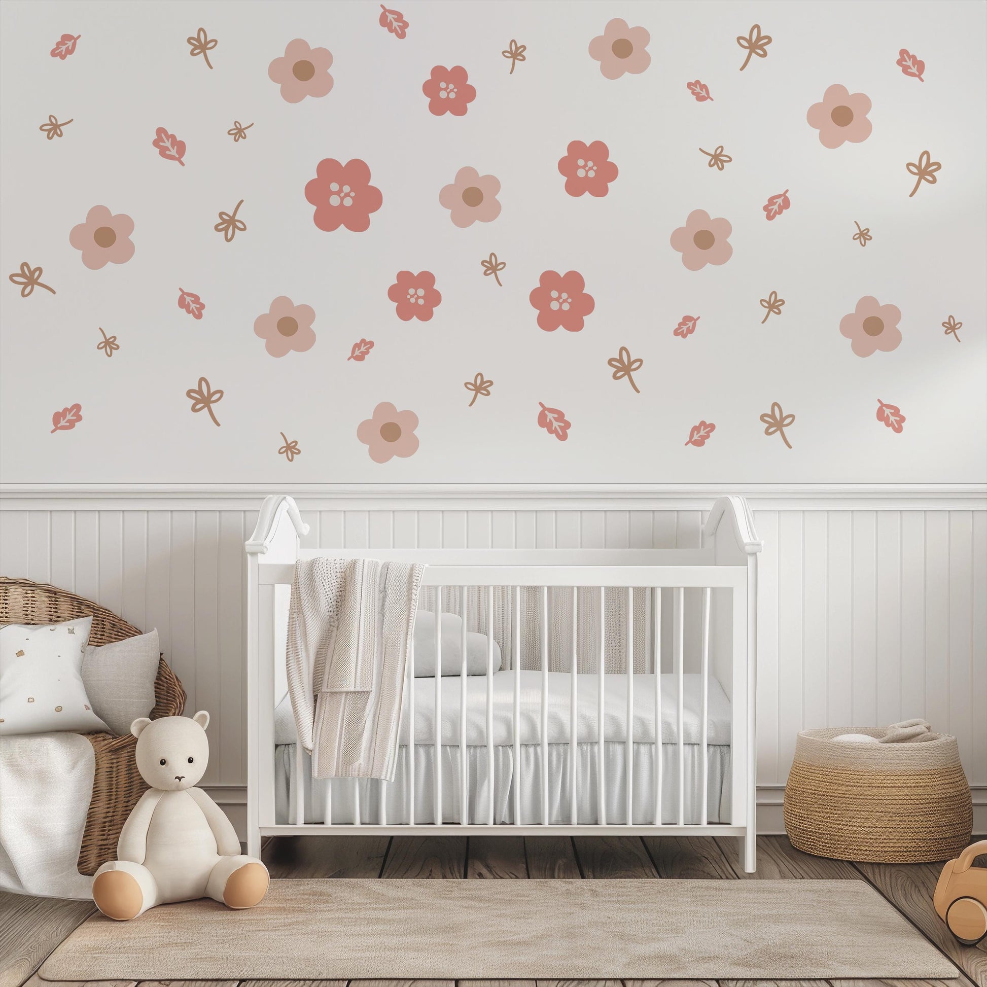 Boho Flower Wall Stickers, Pink Nursery Wall Decals, Floral Kids Room Decor, Peel and Stick Flowers, Girls Bedroom Stickers