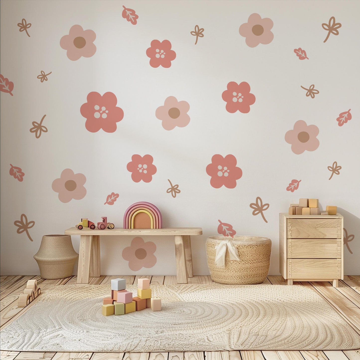 Boho Flower Wall Stickers, Pink Nursery Wall Decals, Floral Kids Room Decor, Peel and Stick Flowers, Girls Bedroom Stickers