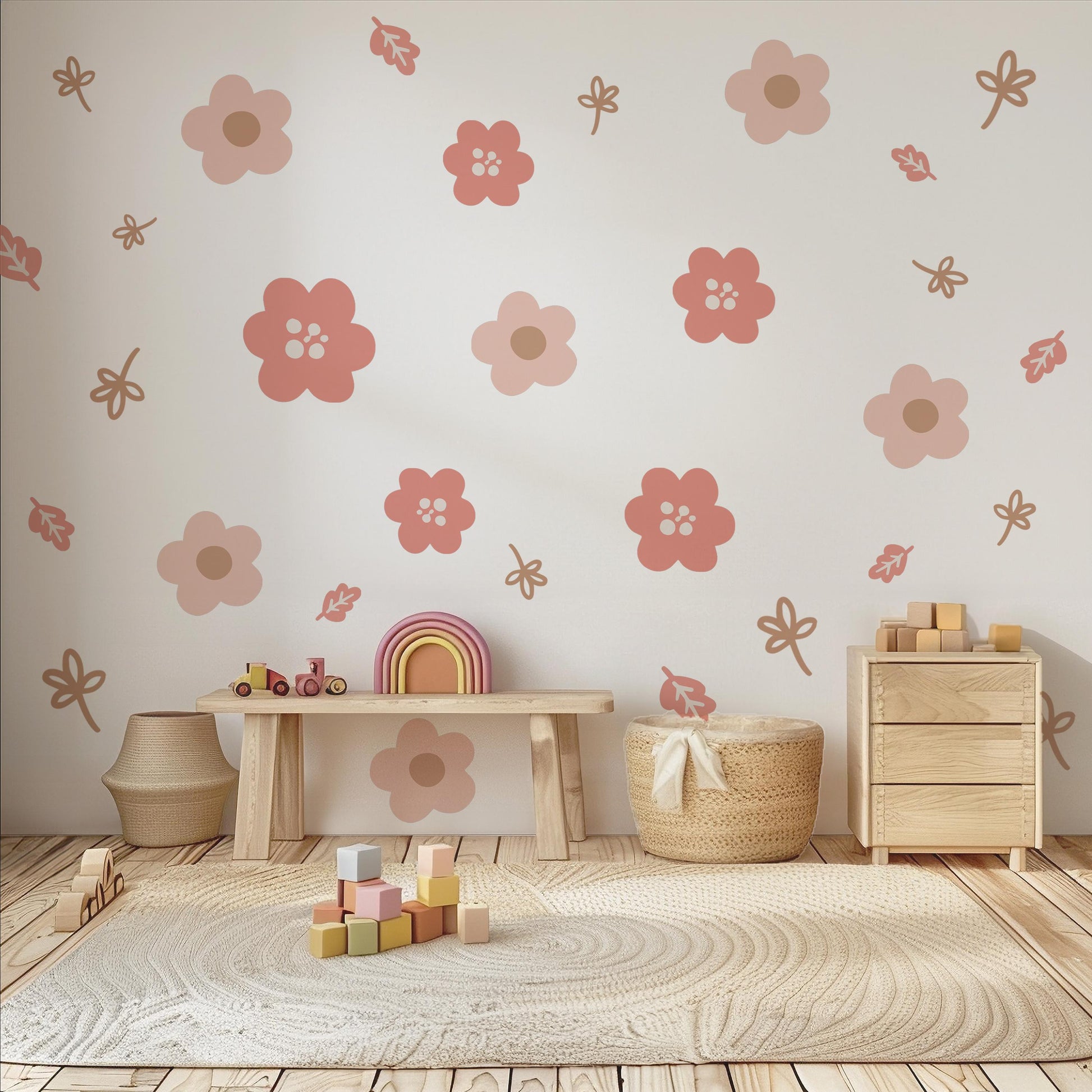 Boho Flower Wall Stickers, Pink Nursery Wall Decals, Floral Kids Room Decor, Peel and Stick Flowers, Girls Bedroom Stickers