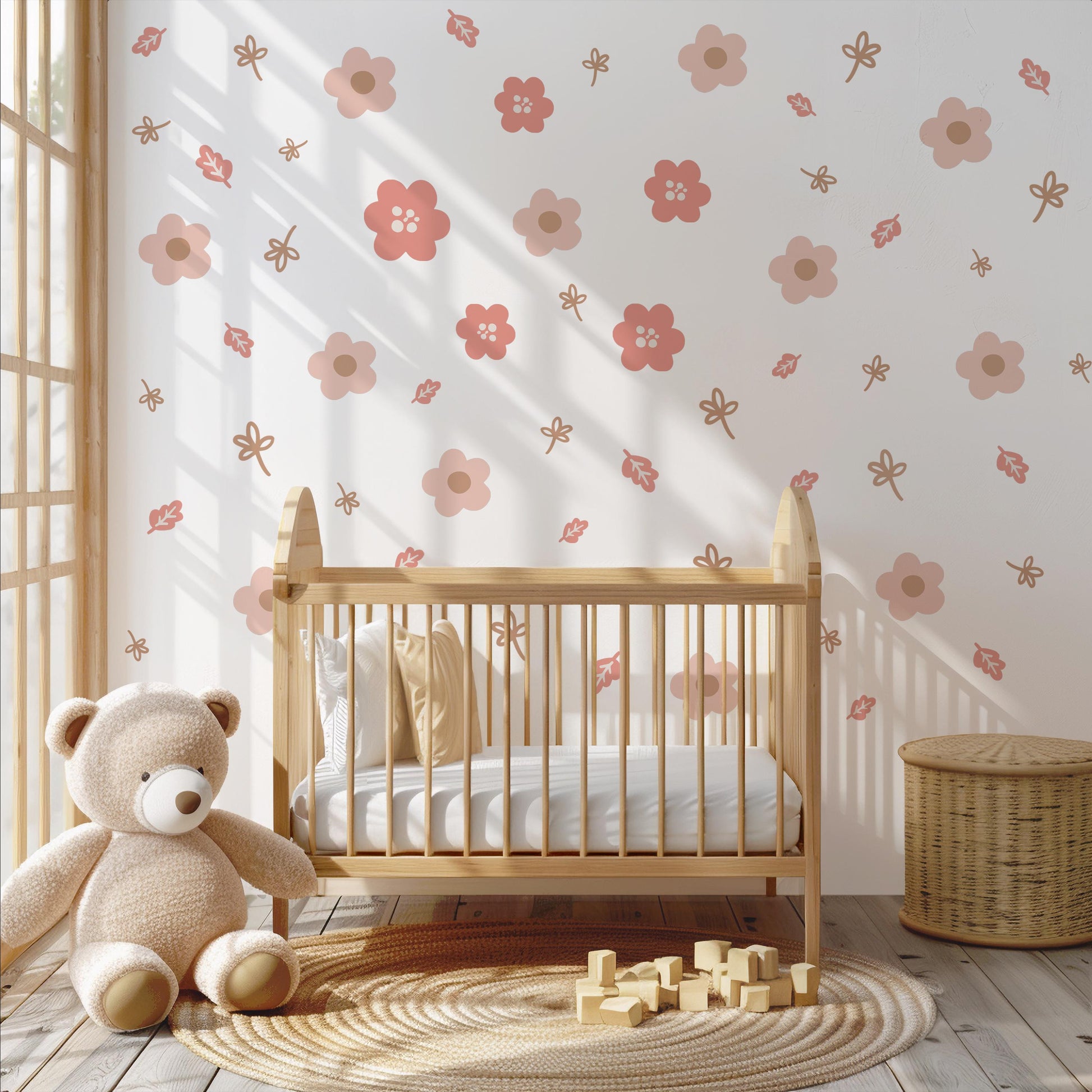 Boho Flower Wall Stickers, Pink Nursery Wall Decals, Floral Kids Room Decor, Peel and Stick Flowers, Girls Bedroom Stickers
