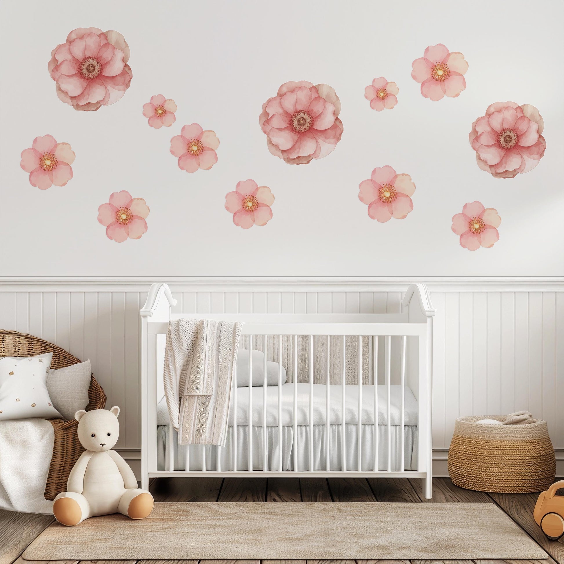 Pink Flower Wall Stickers, Floral Nursery Wall Decals, Boho Girls Bedroom Decor, Peel and Stick Flowers, Baby Room Wall Art