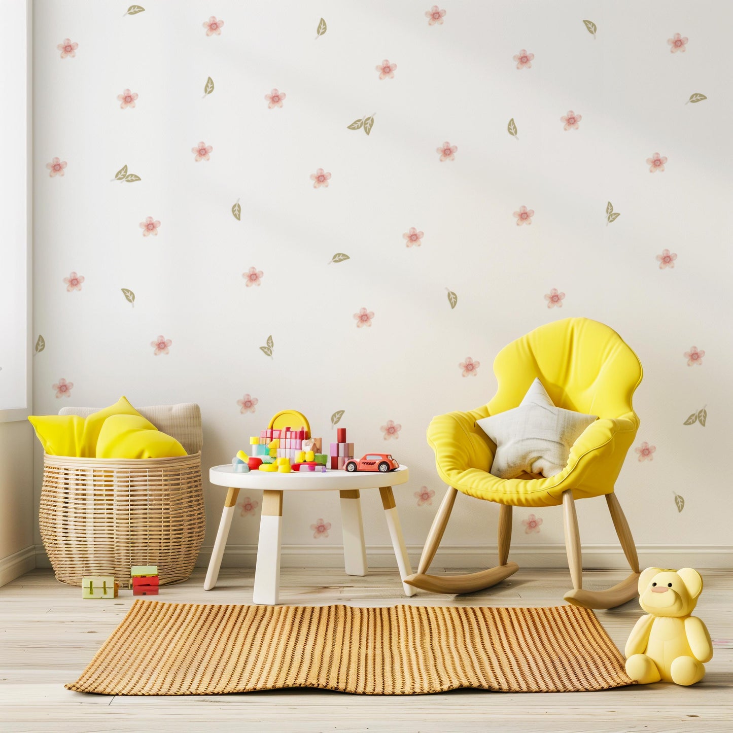 Pink Floral Wall Stickers for Girls Bedroom, Boho Nursery Wall Decals, Flower & Leaf Wall Decor, Neutral Nursery Stickers, Kids Room Decor