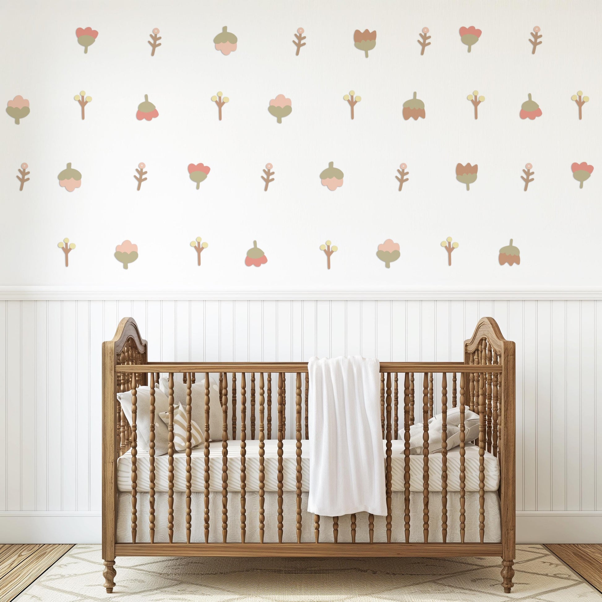 Boho Flower Wall Stickers for Nursery, Neutral Floral Wall Decals, Retro Flower Wall Decor, Baby Room Stickers, Scandinavian Nursery Decor