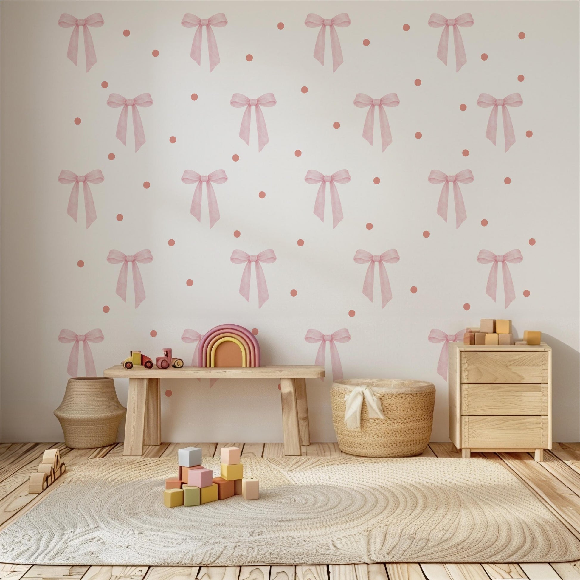 Pink Bow Wall Stickers with Polka Dots, Coquette Nursery Decor, Baby Girl Room Decals, Soft Pink Bow Wall Decals, Peel and Stick Nursery