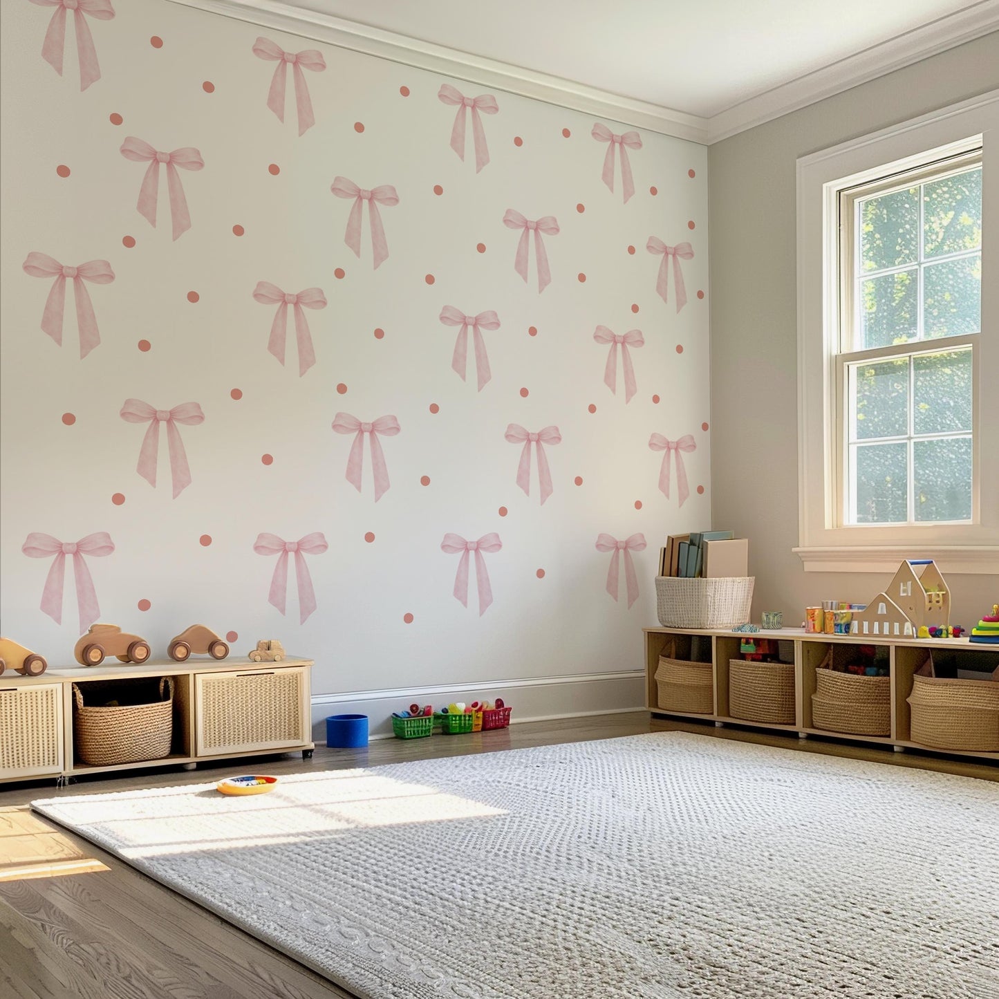 Pink Bow Wall Stickers with Polka Dots, Coquette Nursery Decor, Baby Girl Room Decals, Soft Pink Bow Wall Decals, Peel and Stick Nursery